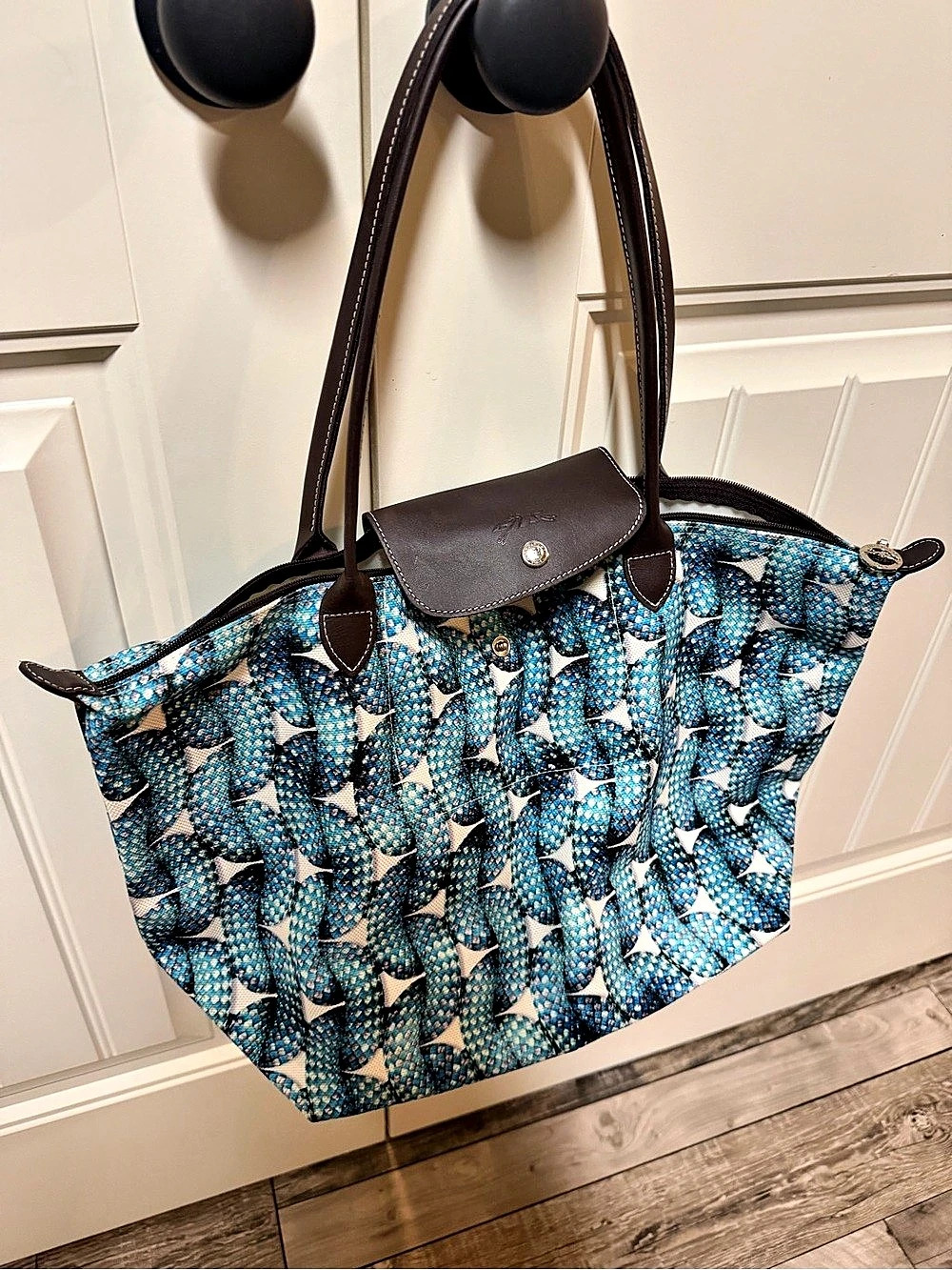 Longchamp Printed Tote in Blue & Brown